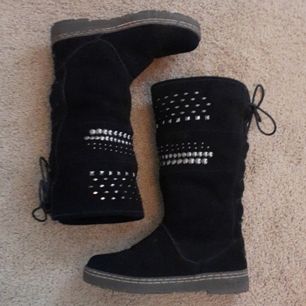 ^ Black suede Bearpaw Silverton studded & laced winter boots